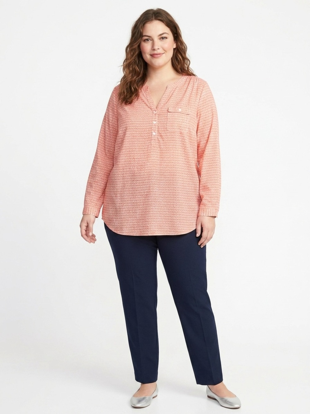 J. Jill Coral Printed V-Neck Tunic with Button Placket